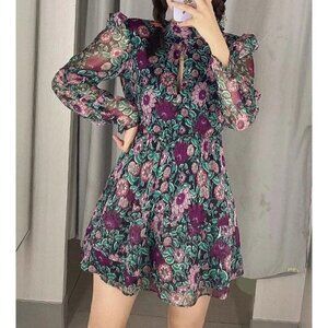 New Zara Ruffled Floral Printed Keyhole Long Sleeves Mini Dress NWT XS